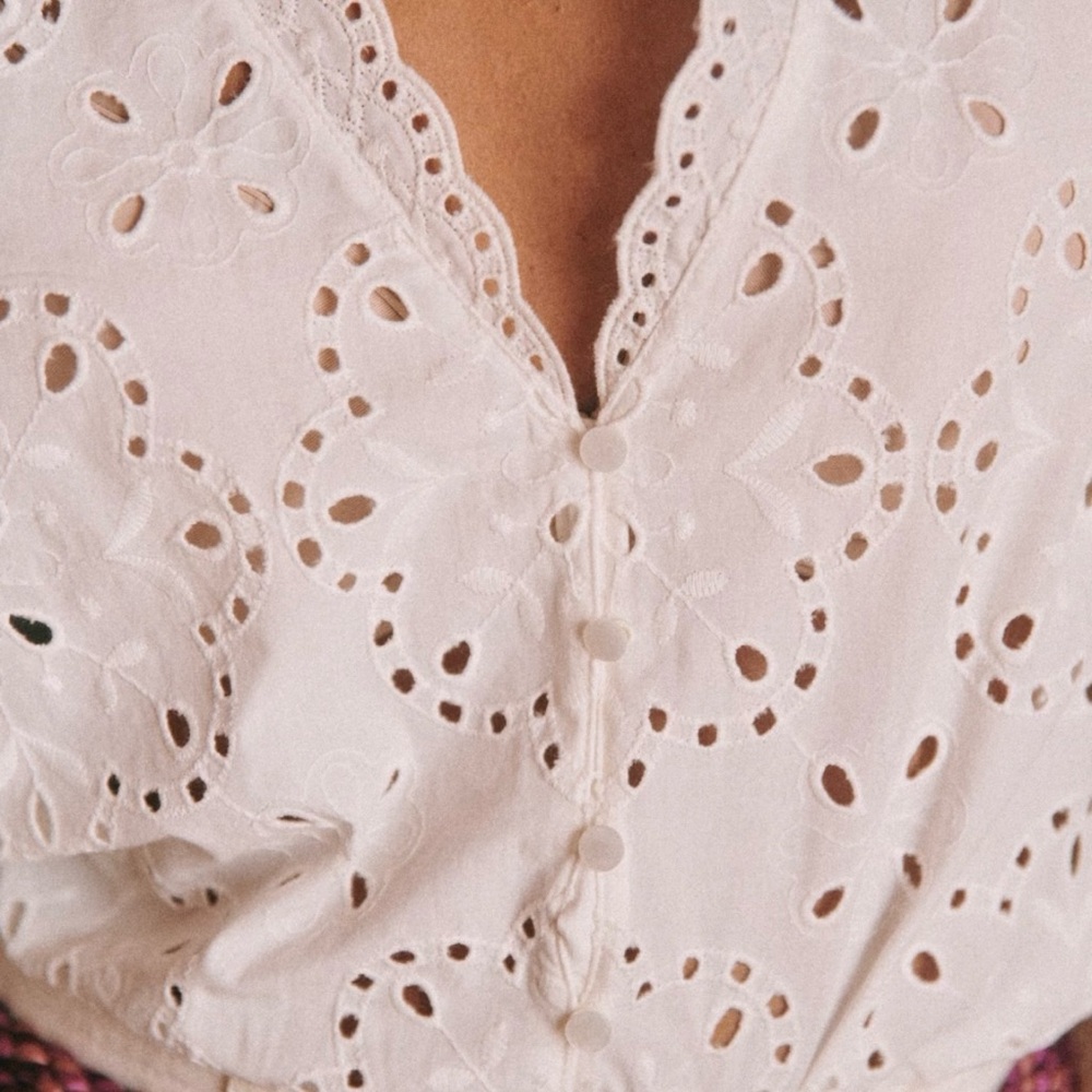 Sezane White Eyelet Lace V-Neck Shirt - Picture 4 of 11